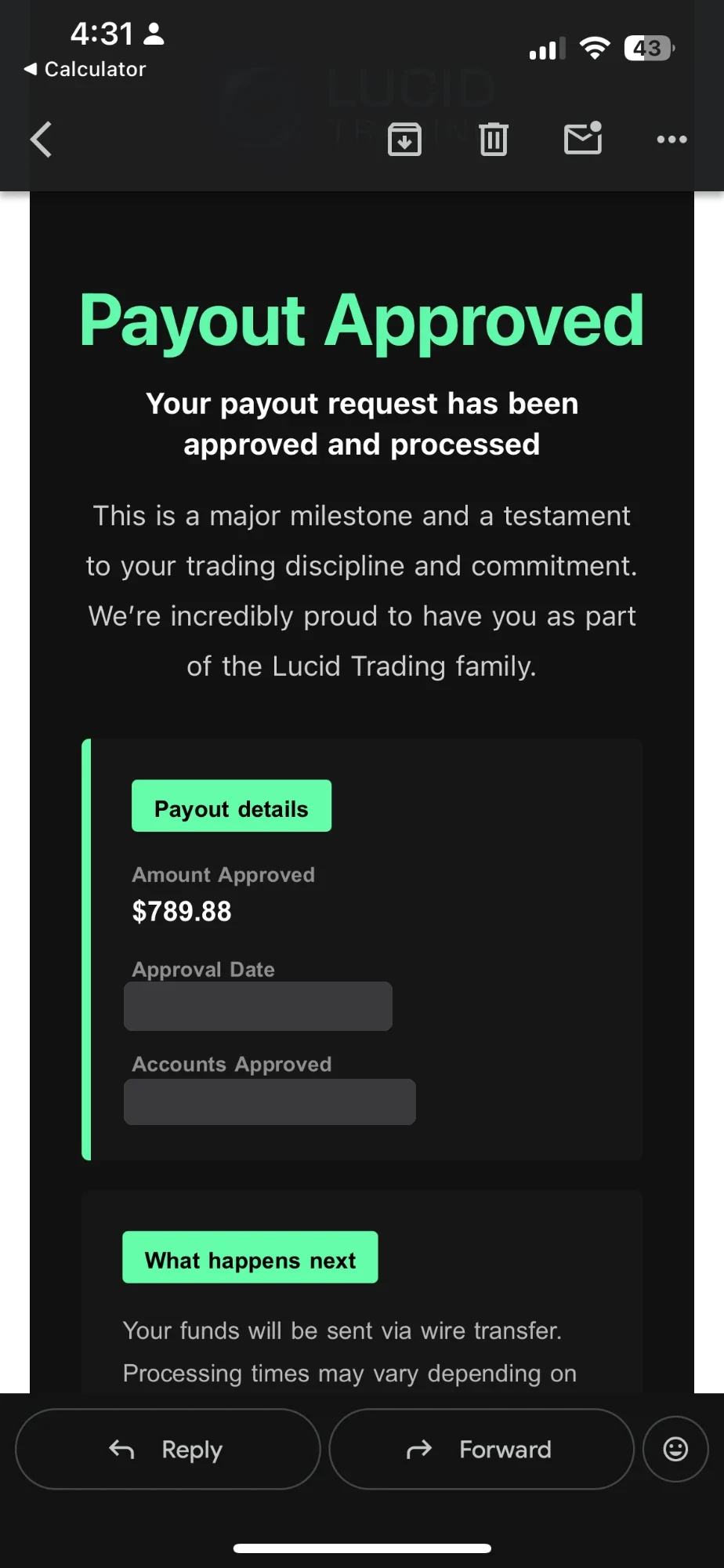 Prop firm email: payout approved, $789.88